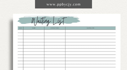 Waiting List Printable Template – Digital download for organizing and managing a list of individuals or items in a queue, including names, wait times, and statuses