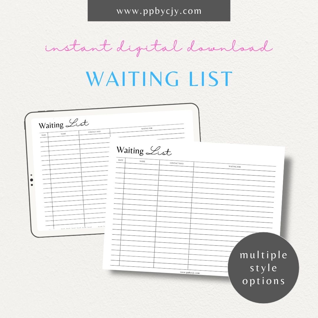 Waiting List Printable Template – Digital download for organizing and managing a list of individuals or items in a queue, including names, wait times, and statuses