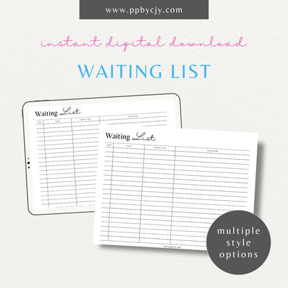 Waiting List Printable Template – Digital download for organizing and managing a list of individuals or items in a queue, including names, wait times, and statuses