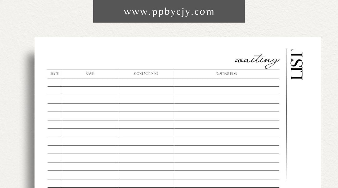 Waiting List Printable Template – Digital download for organizing and managing a list of individuals or items in a queue, including names, wait times, and statuses