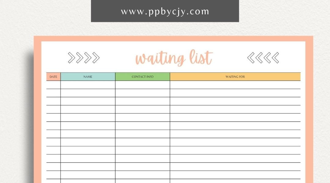 Waiting List Printable Template – Digital download for organizing and managing a list of individuals or items in a queue, including names, wait times, and statuses