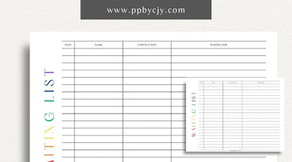 Waiting List Printable Template – Digital download for organizing and managing a list of individuals or items in a queue, including names, wait times, and statuses