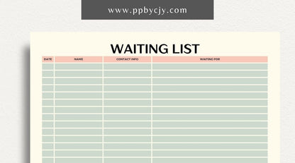 Waiting List Printable Template – Digital download for organizing and managing a list of individuals or items in a queue, including names, wait times, and statuses