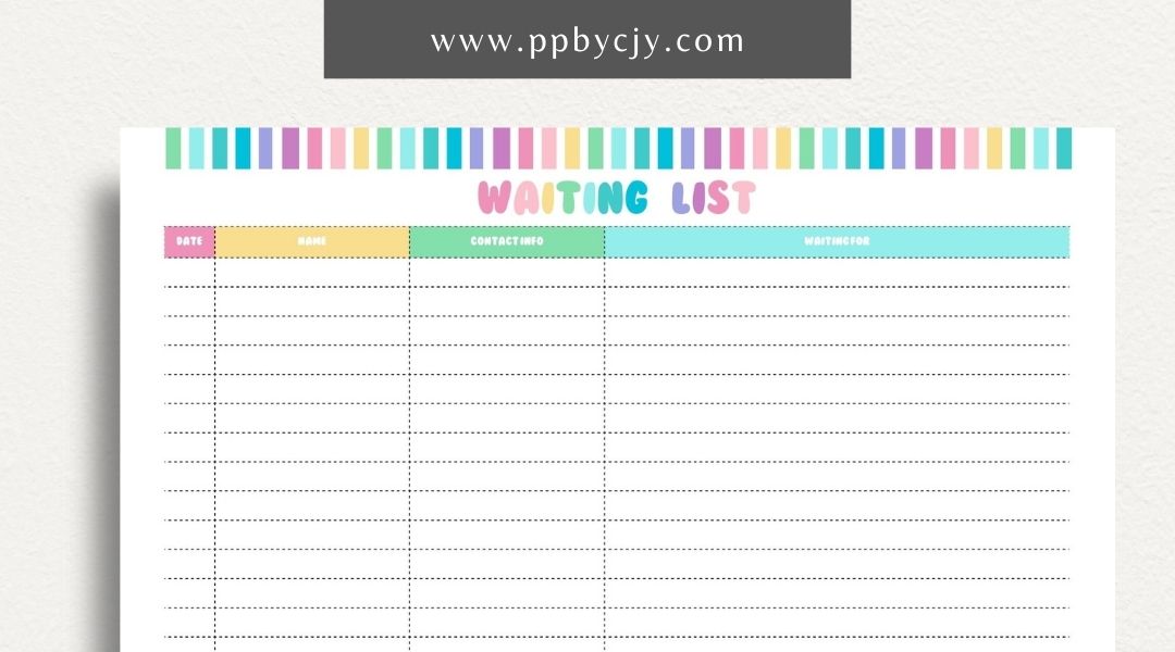 Waiting List Printable Template – Digital download for organizing and managing a list of individuals or items in a queue, including names, wait times, and statuses