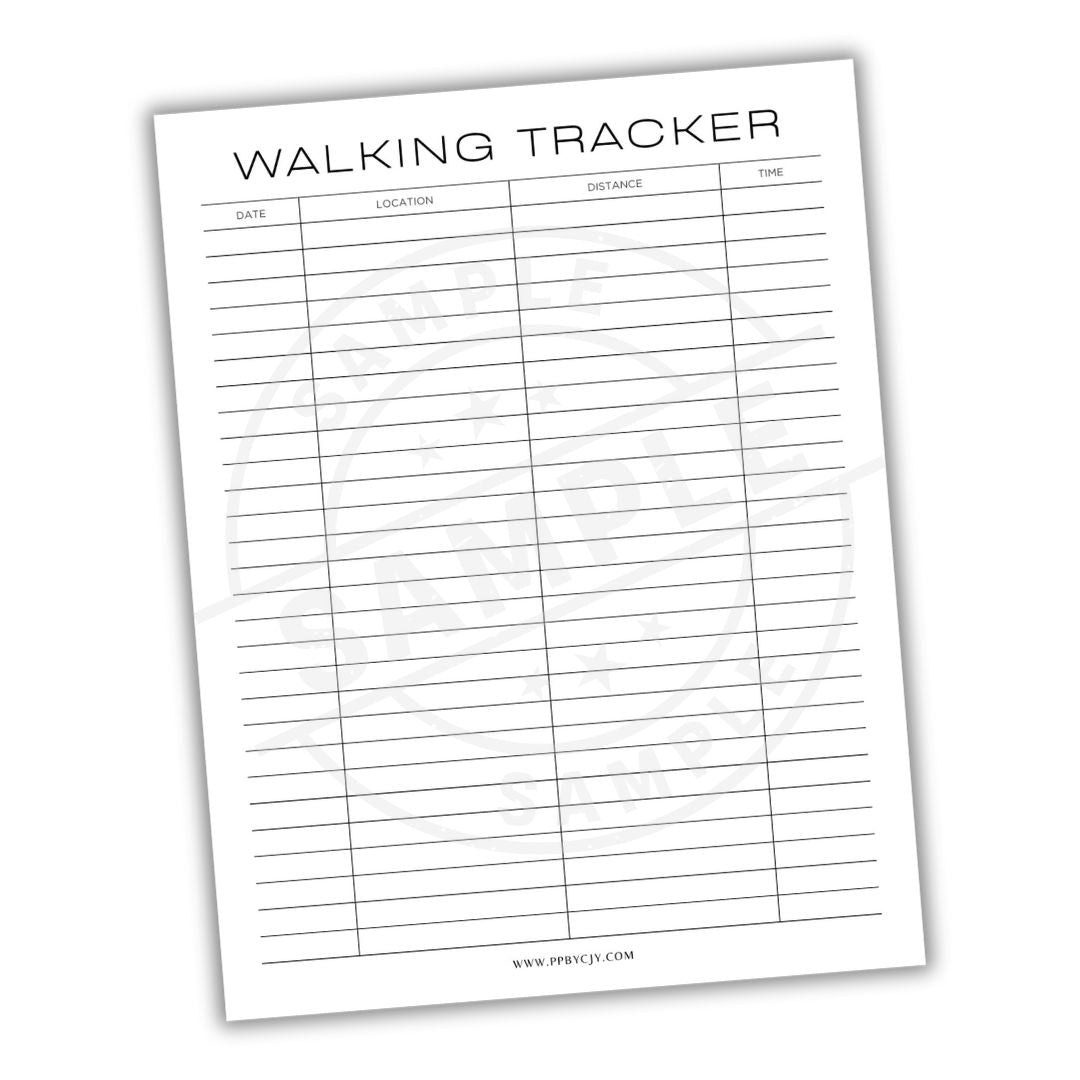 Walking tracker sheet with columns for date, location, distance, and time on a white background.
