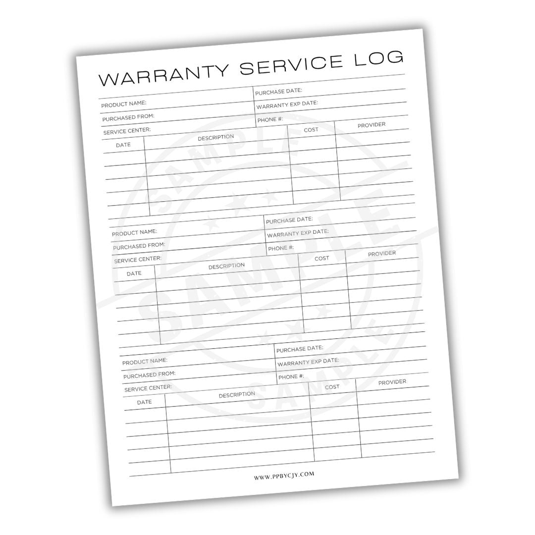 Warranty Service Log sheet on a white background