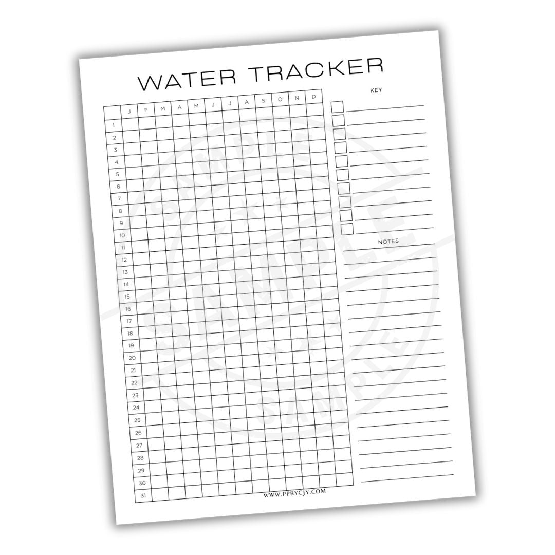 Water tracker sheet with grid and text on a white background