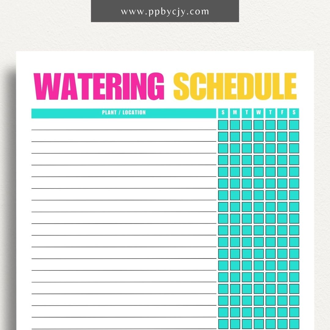 printable template page with columns and rows related to plant watering