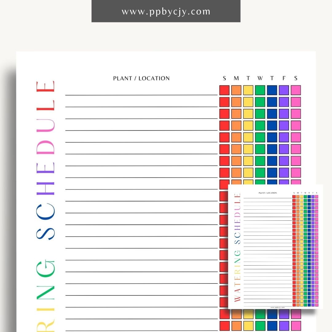 printable template page with columns and rows related to plant watering