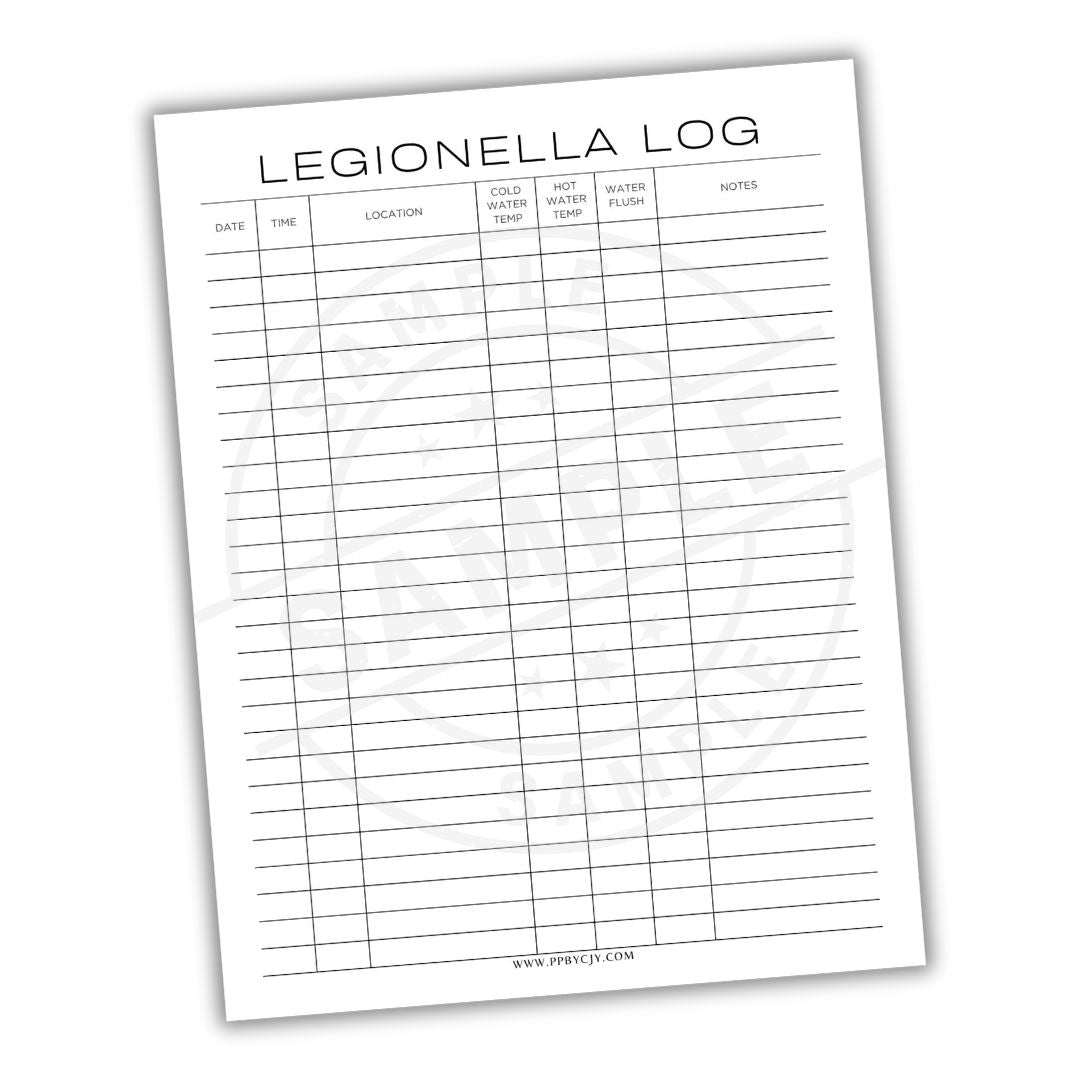 Legionella log sheet with columns for date, time, location, water temperature, water pH, and notes on a white background.