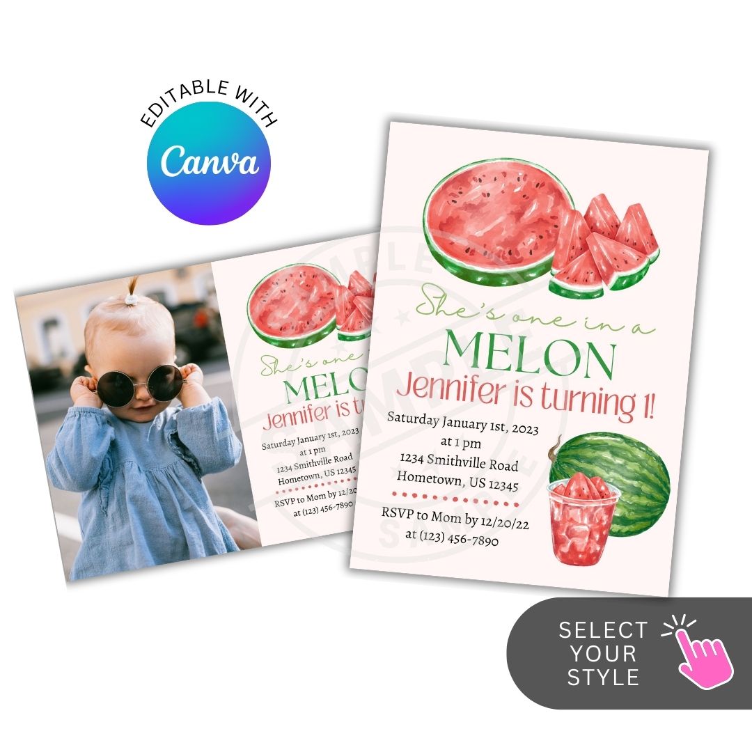 Watermelon-themed birthday invitation with Canva logo and child wearing sunglasses.