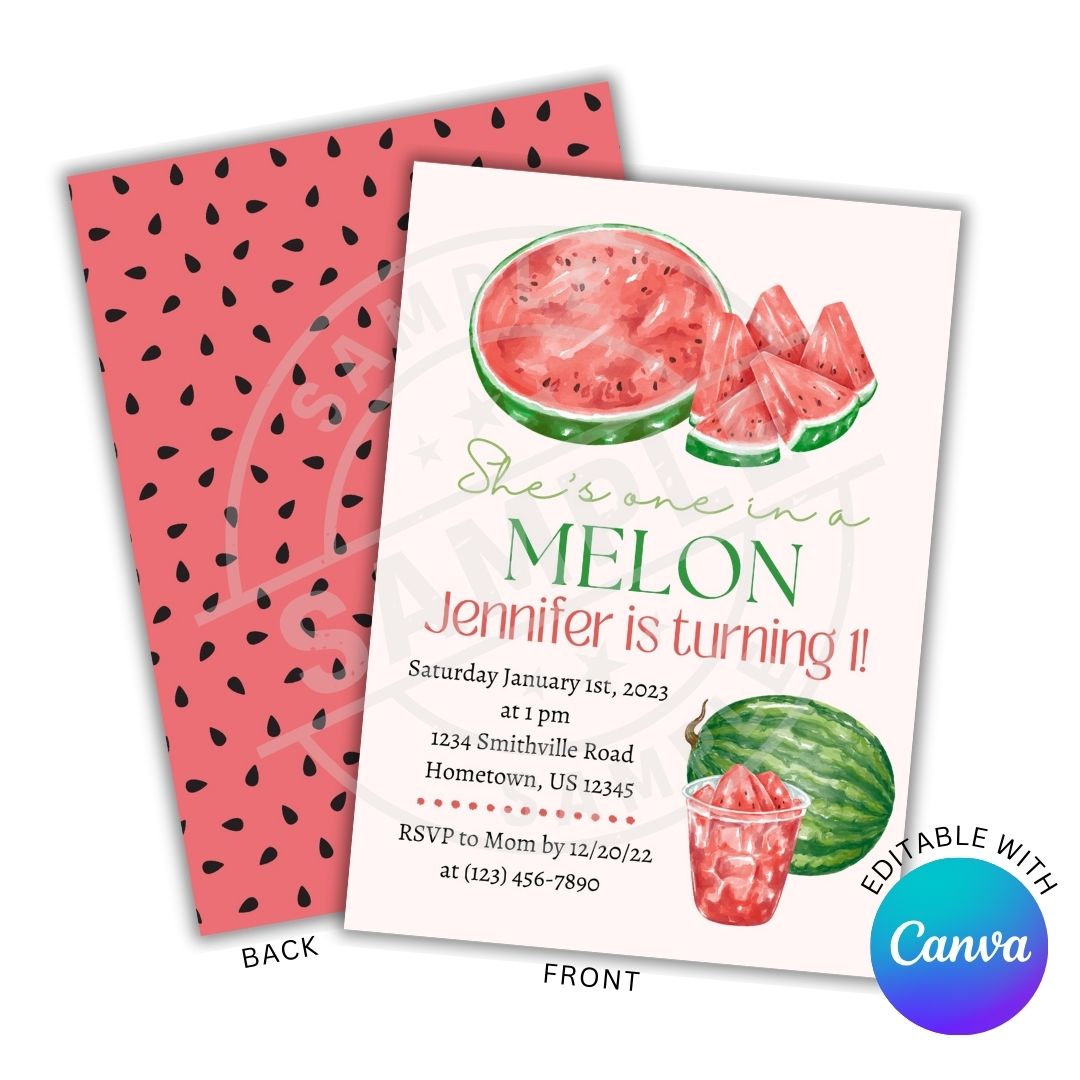 Invitation card with watermelon theme and Canva branding