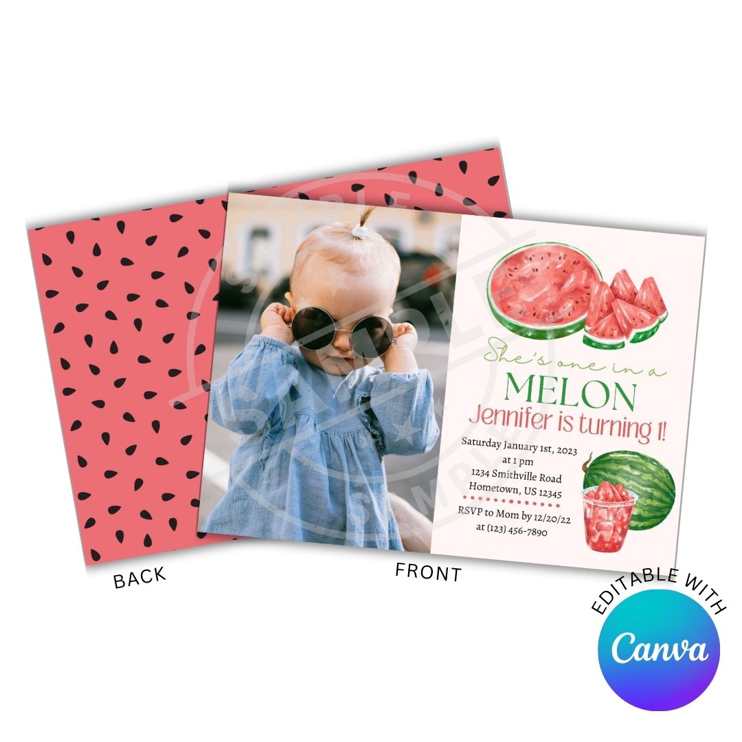 Invitation card with photo of little girl and watermelon theme and Canva branding
