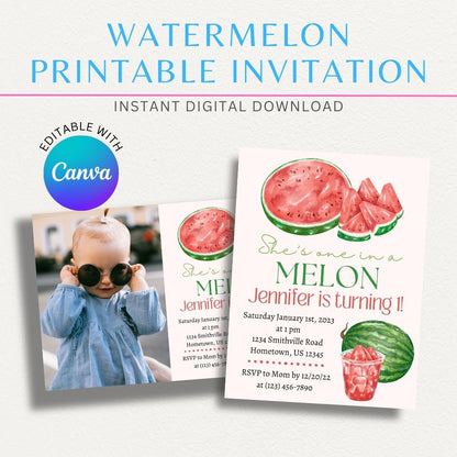 Watermelon printable invitation featuring playful watermelon graphics, perfect for summer parties and festive gatherings.

