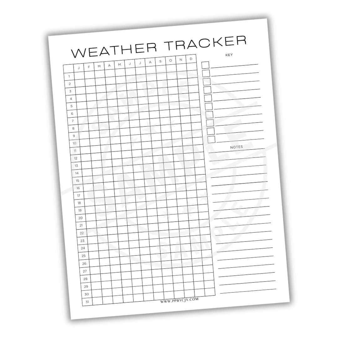 Weather tracker sheet with grid and notes section on a white background