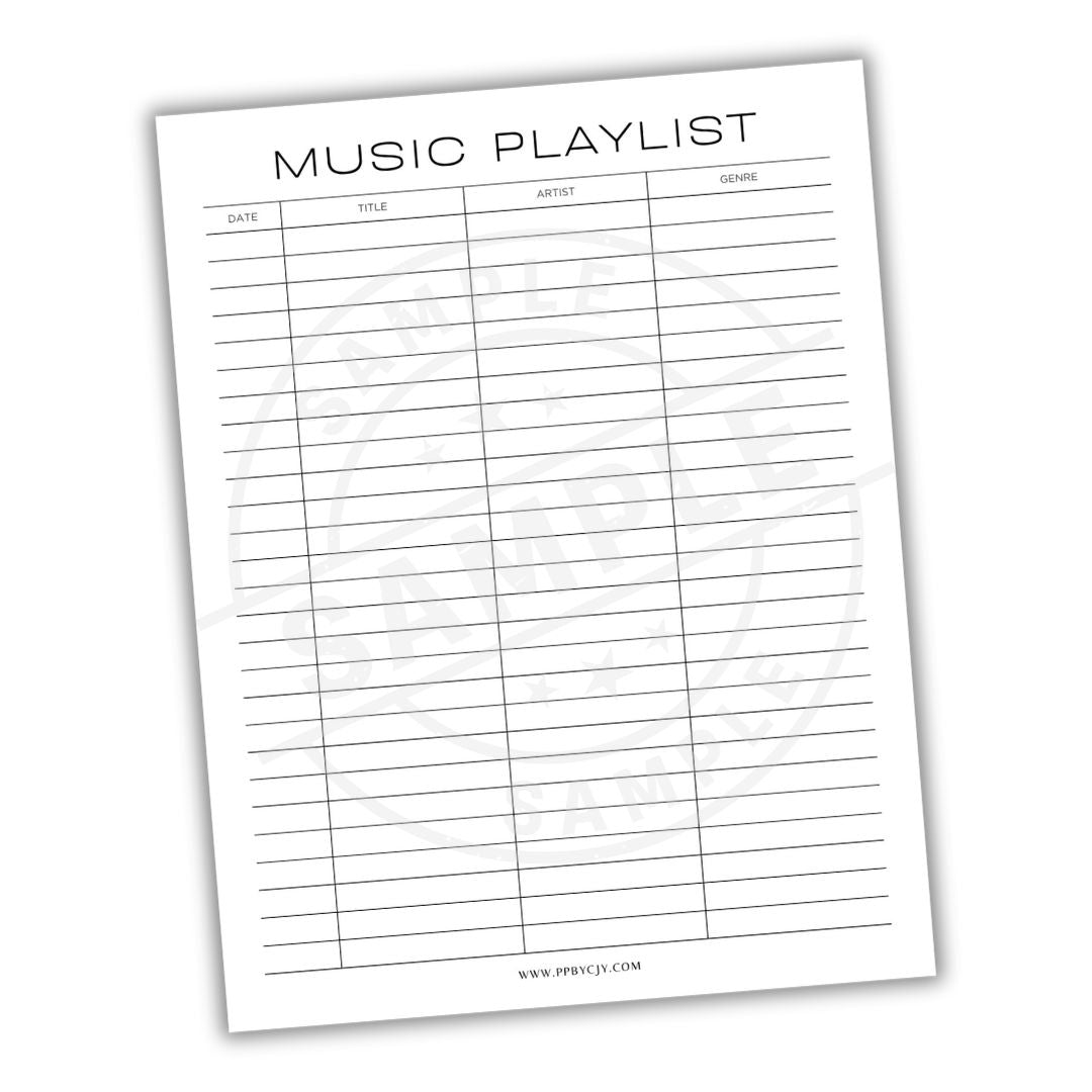 Music playlist sheet with columns for date, title, artist, and duration on a white background.