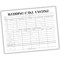 Sheet for wedding cake tasting with a form to rate different cake samples.