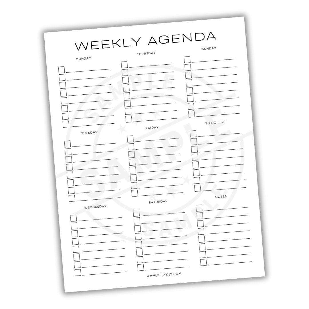 Weekly agenda planner sheet with days of the week and sections for to-do lists and notes.