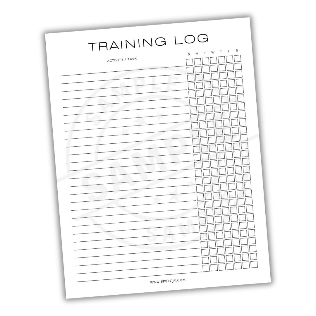 Training log sheet with columns for activities/tasks and checkboxes on a white background