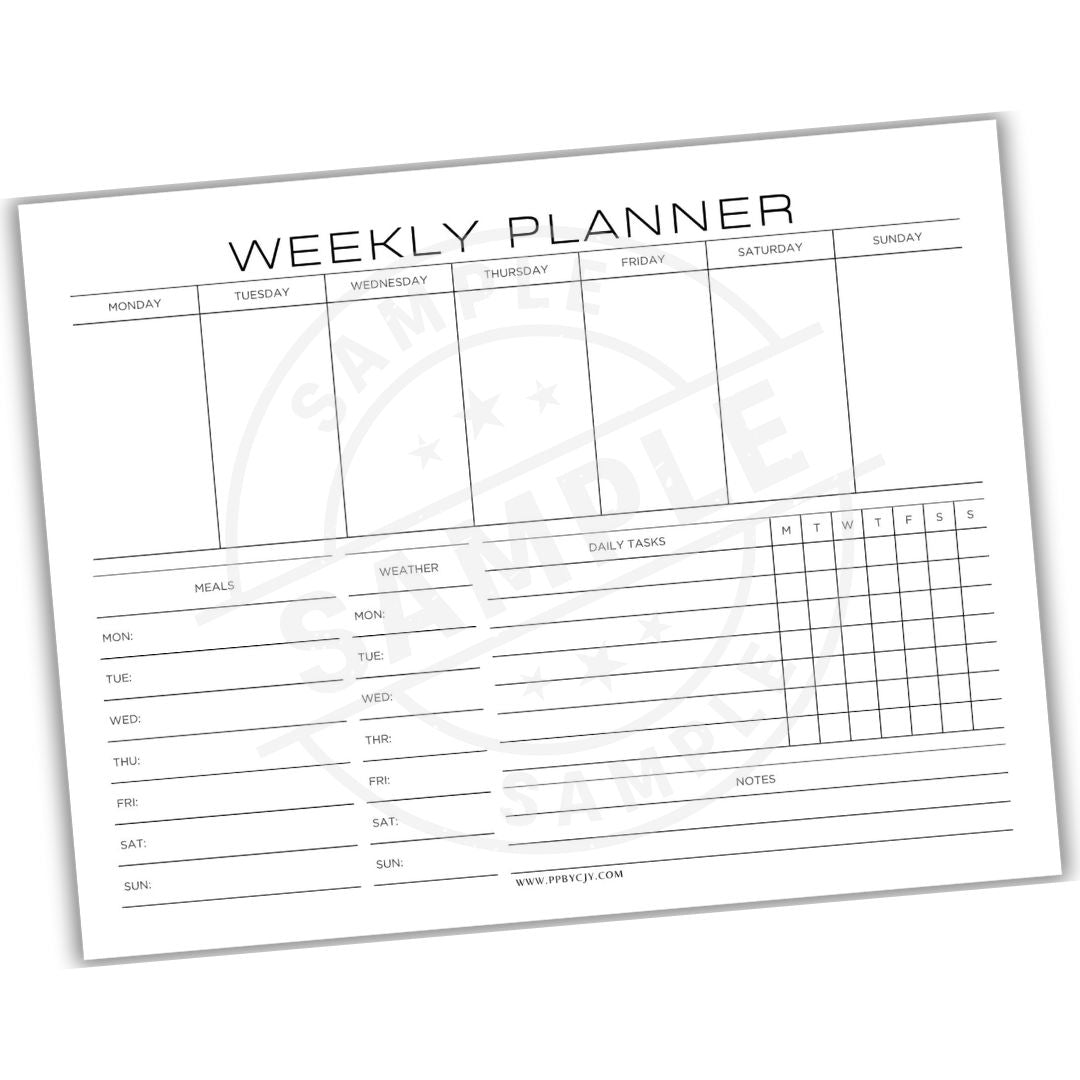 Weekly planner with days of the week and daily task sections on a white background