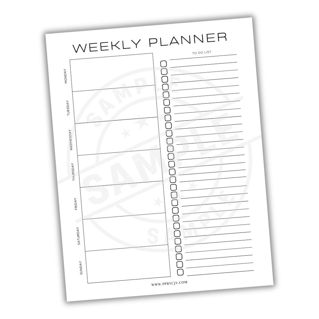 Weekly planner sheet with days of the week and to-do list on a white background