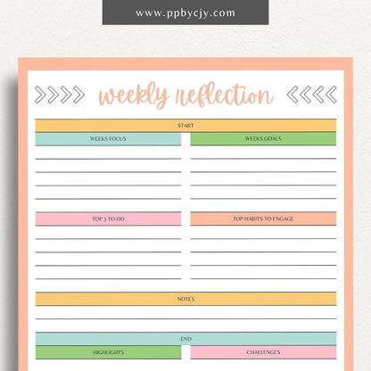 printable template page with columns and rows related to productivity reflections