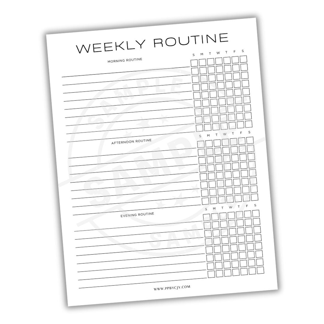 Weekly routine planner sheet with time slots for morning, afternoon, and evening routines.