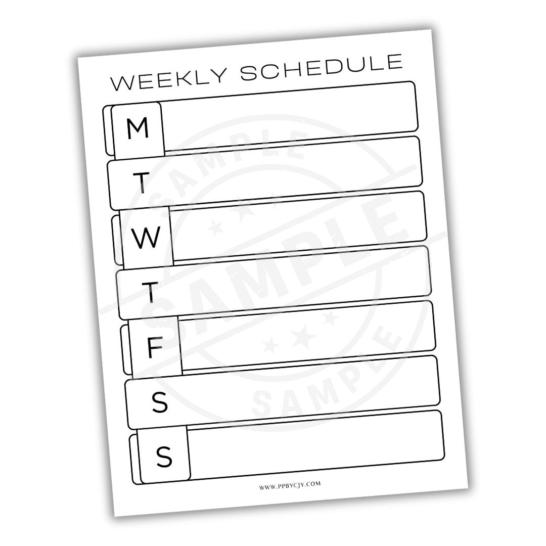 Weekly schedule template with days of the week labels on a white background