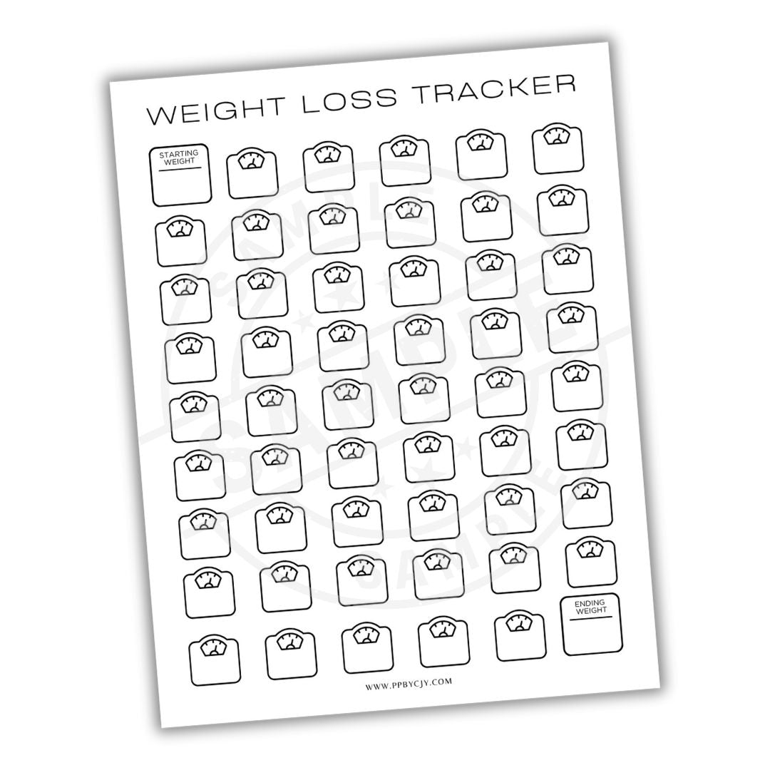 Weight loss tracker sheet with weight scale icons on a white background