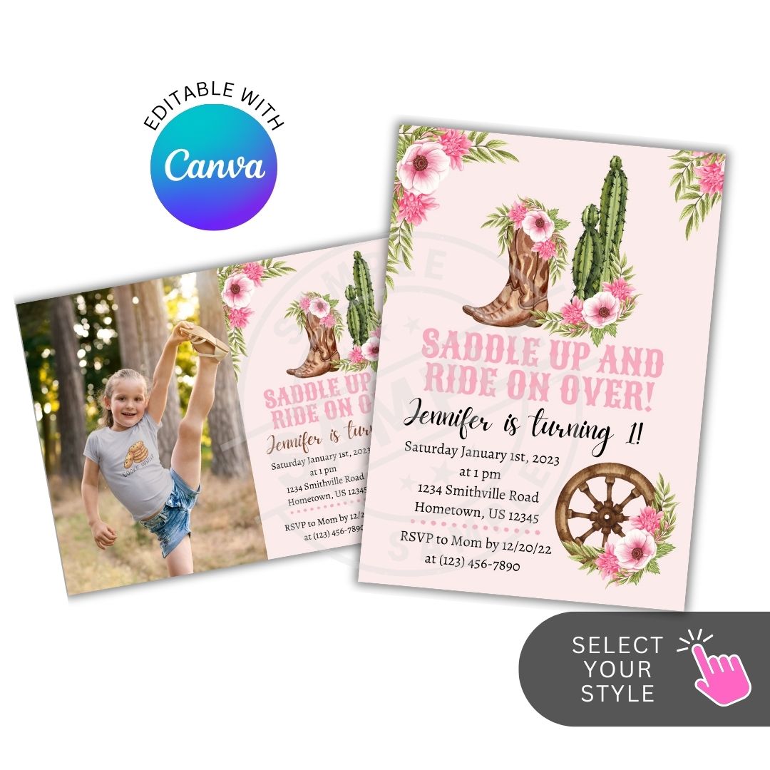 Cowgirl-themed birthday invitation with floral elements and a child's photo on a white background.