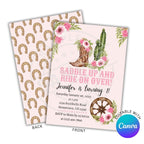 Birthday invitation card with cowboy boot, cactus, and flowers on a pink background with horseshoe pattern.