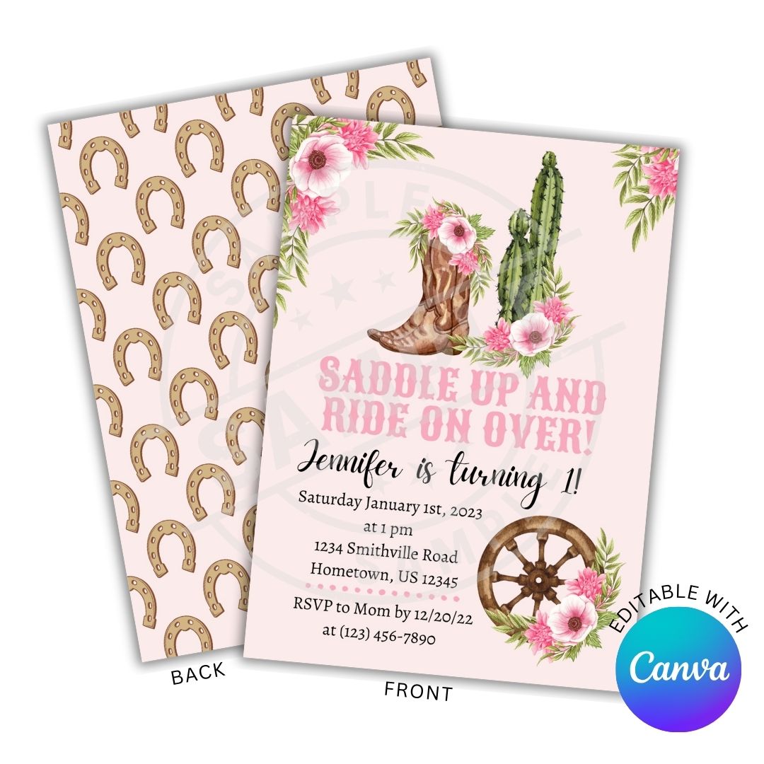 Birthday invitation card with cowboy boot, cactus, and flowers on a pink background with horseshoe pattern.