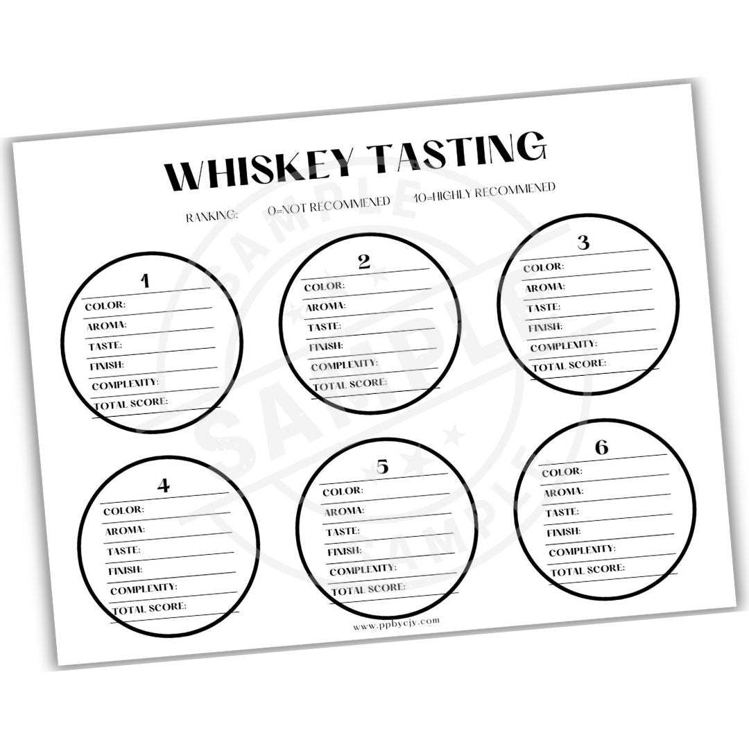 Whiskey tasting sheet with numbered circles and evaluation columns on a white background