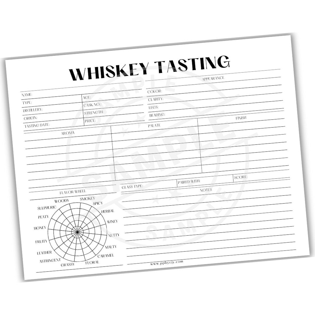 Whiskey tasting sheet with numbered circles and evaluation columns on a white background