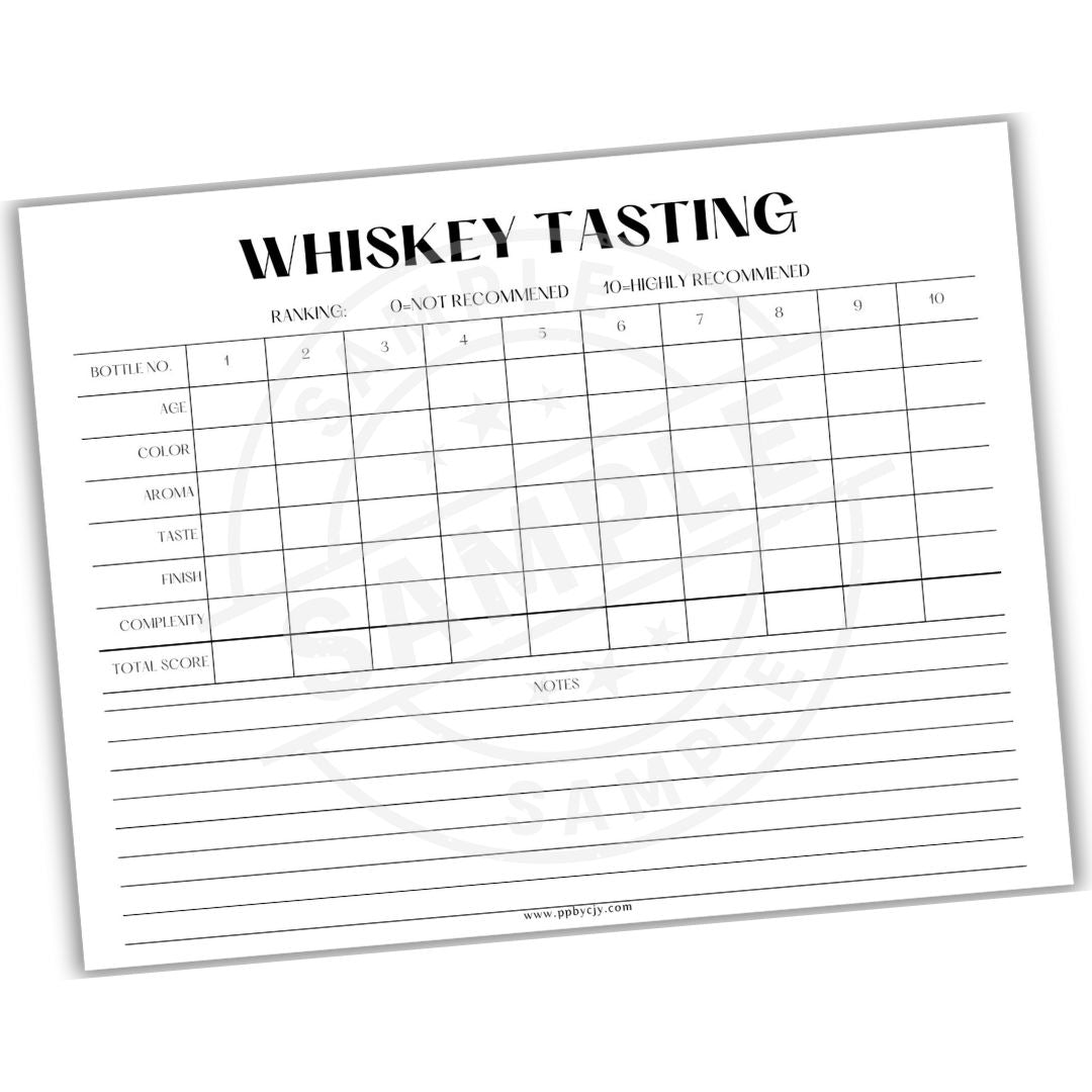 Whiskey tasting sheet with numbered circles and evaluation columns on a white background