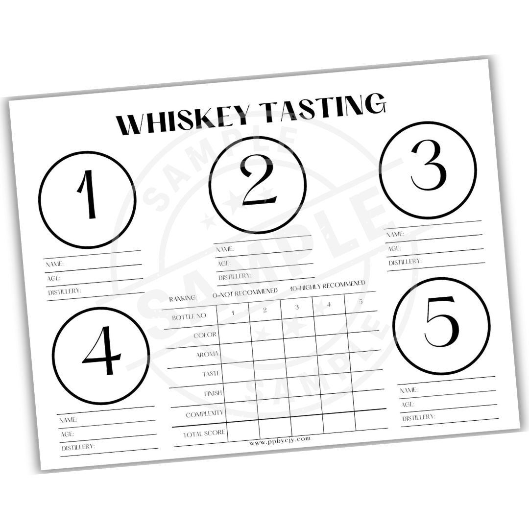 Whiskey tasting sheet with numbered circles for tasting notes on a white background