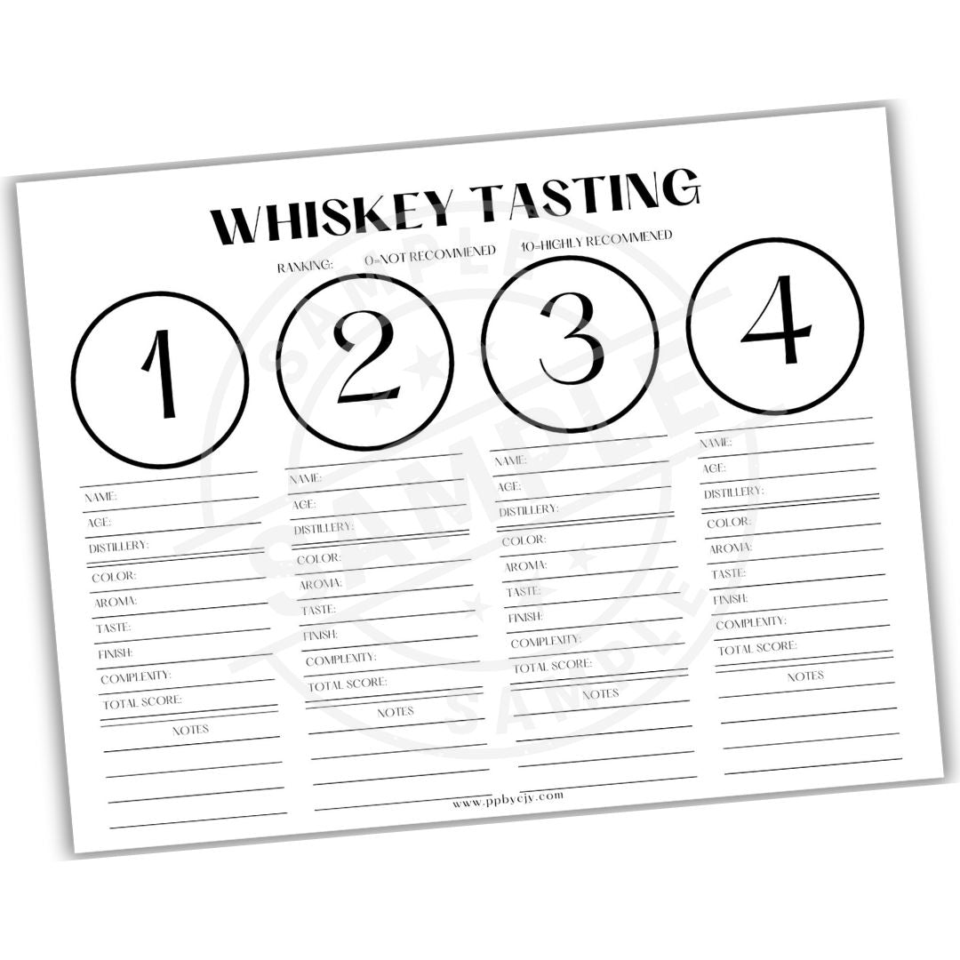 Whiskey tasting sheet with numbered circles and evaluation columns on a white background