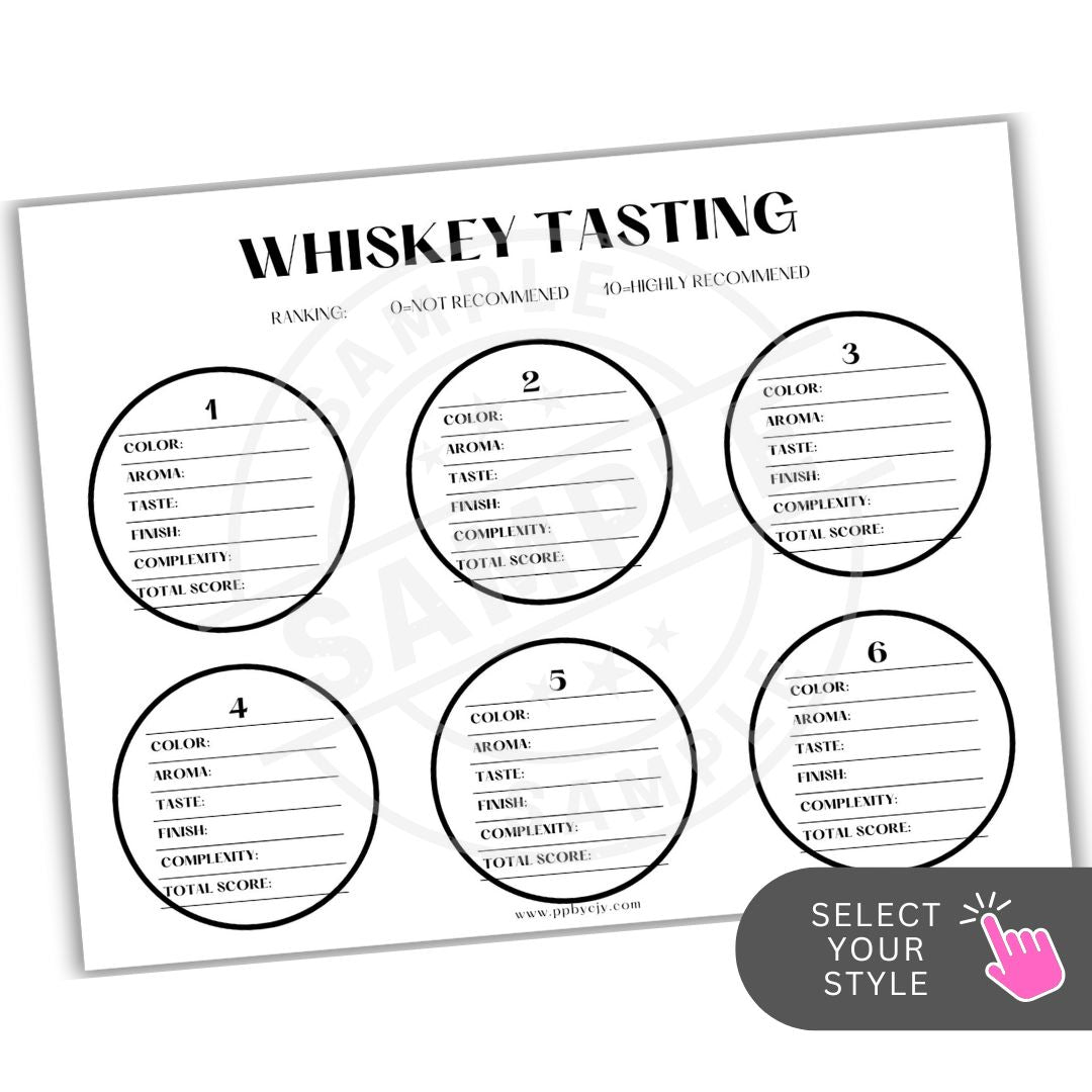 Whiskey tasting sheet with numbered circles and evaluation columns on a white background