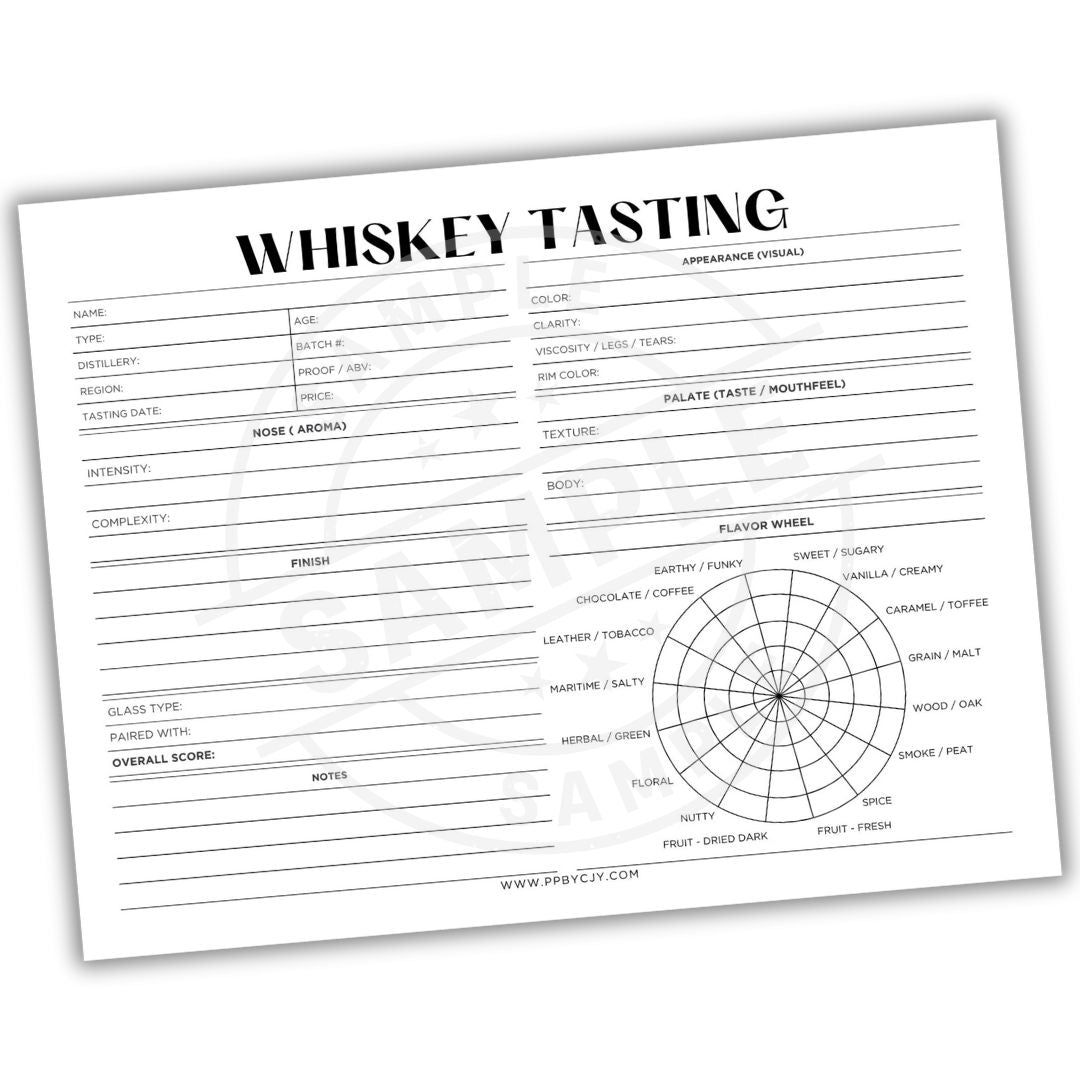 Whiskey tasting sheet with evaluation criteria on a white background