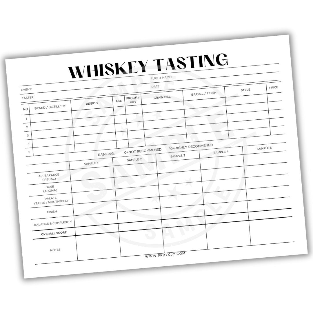 5-Sample Whiskey Tasting Scorecard Printable – Simple Notes & Ratings