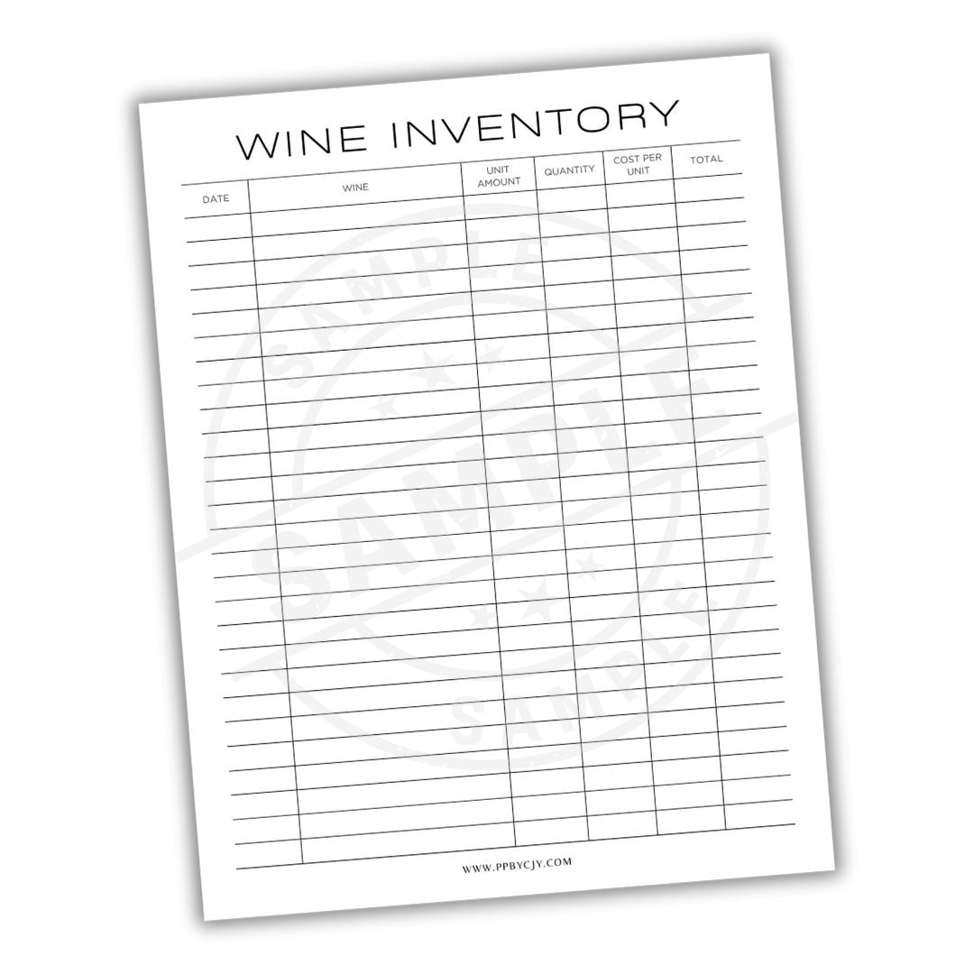 Wine inventory sheet with columns for date, wine name, quantity, cost per unit, and total.