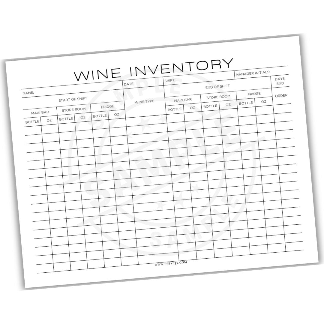Wine inventory sheet on a white background