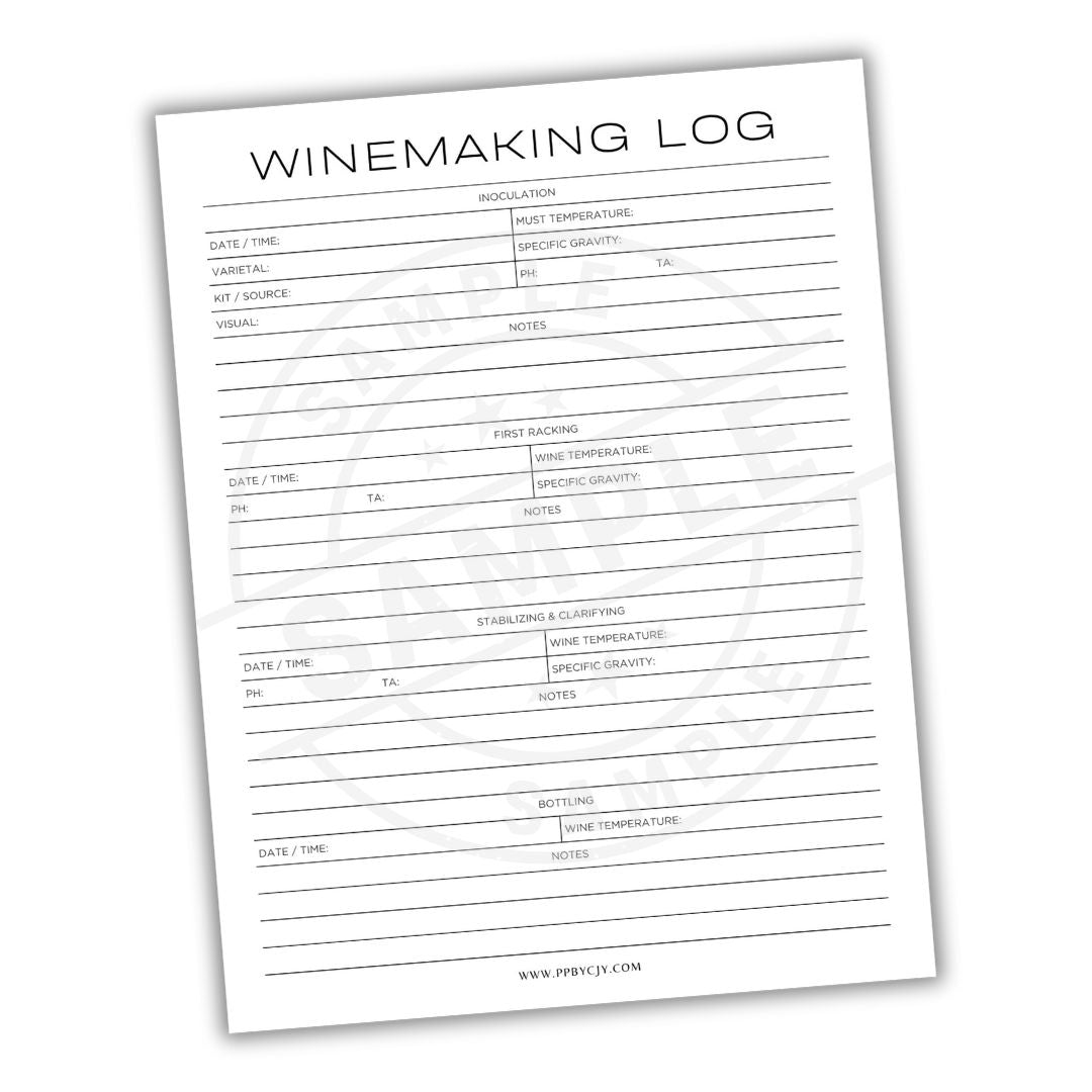 Winemaking log sheet with columns for various wine-making details on a white background.