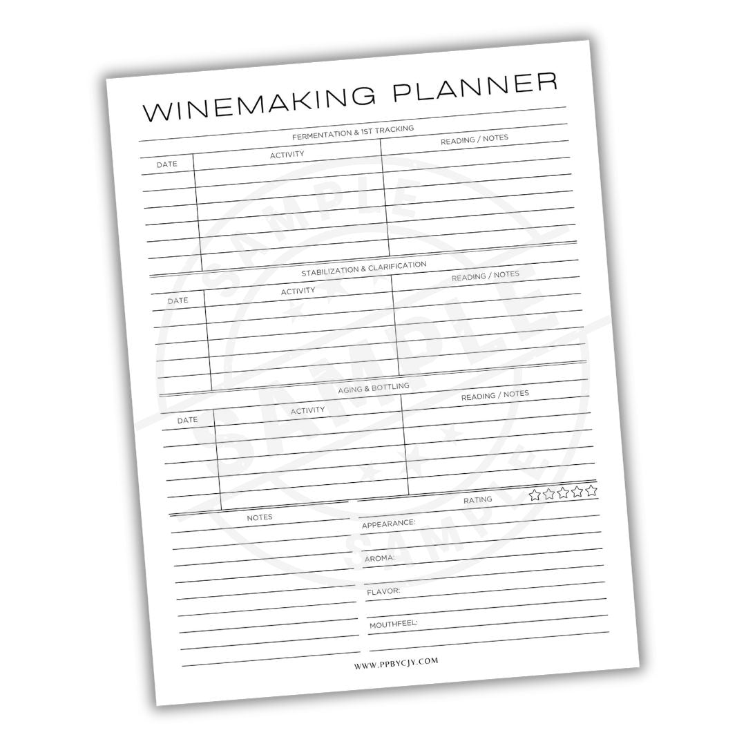 Winemaking planner sheet with columns for date, activity, reading, and notes on a white background.