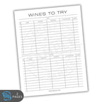 Sheet with a table titled 'Wines to Try' on a white background