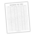Sheet titled 'Wines to Try' with columns for name, score, color, opinion, year, and rating on a white background.