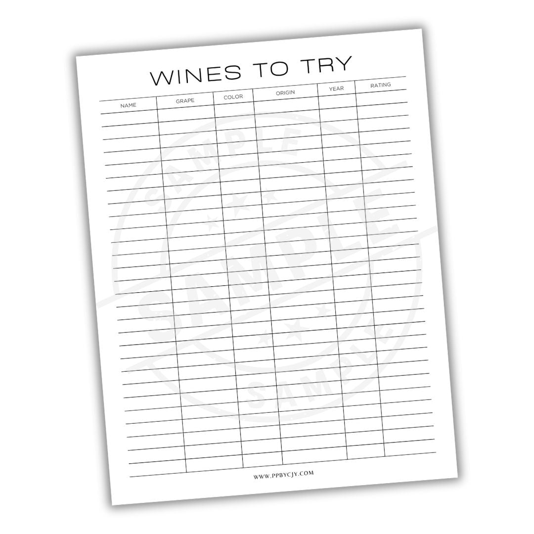 Sheet titled 'Wines to Try' with columns for name, score, color, opinion, year, and rating on a white background.