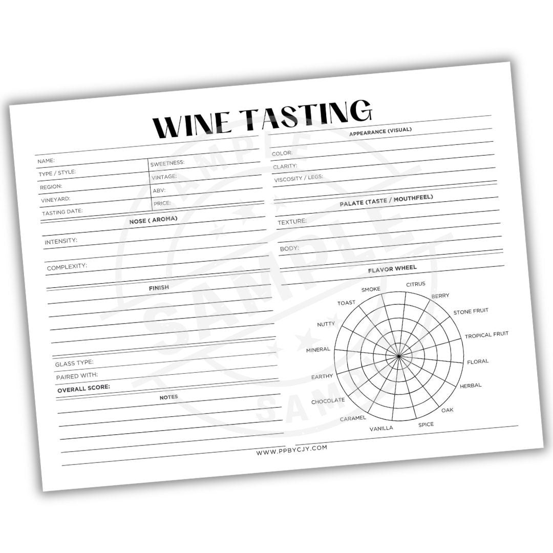 Wine tasting sheet with a flavor wheel on a white background