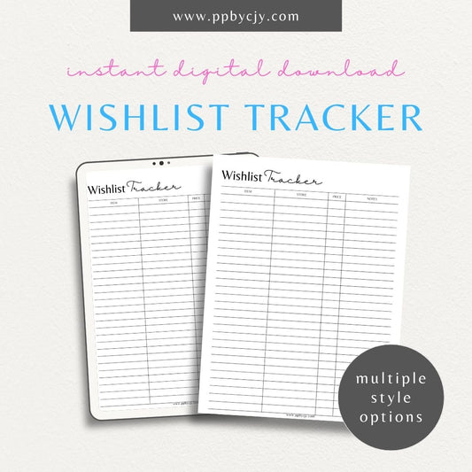 Wishlist Printable Template – Digital download for organizing and tracking items you want or need, including categories, priorities, and notes