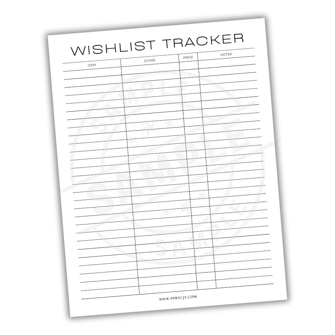 Wishlist tracker sheet with columns for item name, store, price, and notes on a white background.